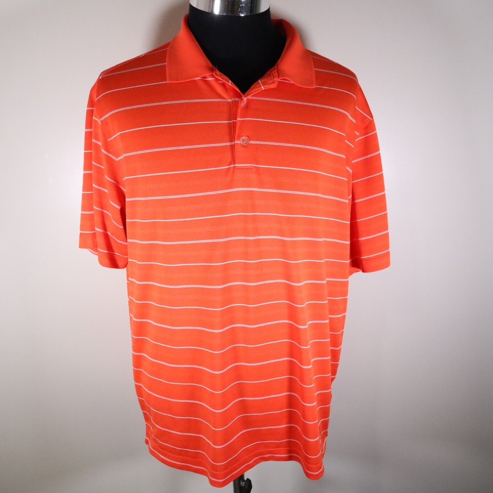 Nike Golf Polo Shirt Mens Large‎ Dri-Fit Performance Orange Striped Short Sleeve